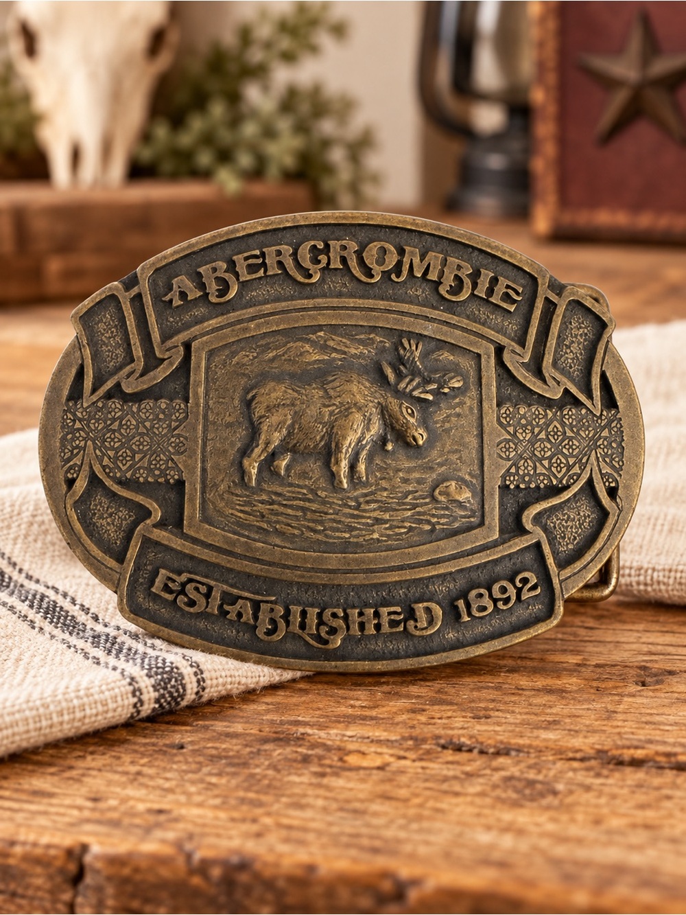 Vintage Abercrombie & Fitch Theodore Roosevelt Moose Solid Brass Belt Buckle